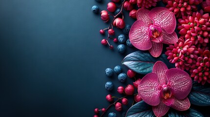 Wall Mural -   A detailed photograph of a cluster of blooms against a blue backdrop, adorned by foliage and fruits at the base