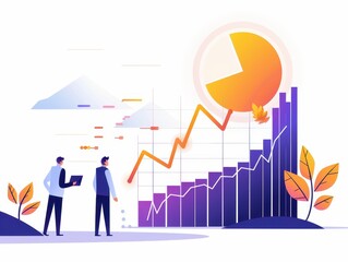 Poster - Business growth chart with businessmen analyzing data, showcasing increase, progress, and strategy with a graphical presentation.