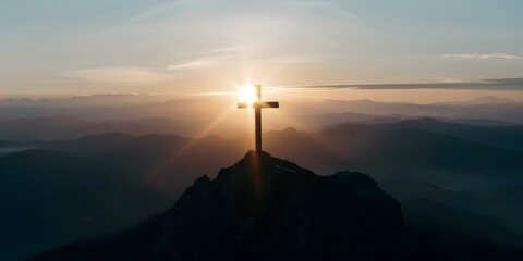 Wall Mural - Symbolic Representation of Jesus' Resurrection Cross Silhouette on Mountain at Sunrise or Sunset. Concept Religious, Symbolism, Nature, Resurrection, Sunrise/Sunset