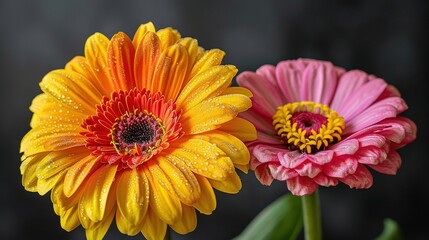 Wall Mural -   A high-resolution image of two contrasting flowers with droplets of water on their petals