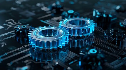 Leinwandbilder - An illustration of a gear on a dark blue background. Symbol for mechanical engineering. Illustration of engine work, project development, business plan.