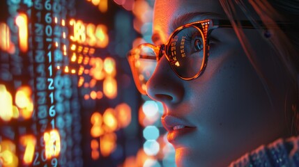 Leinwandbilder - In glasses, women read html scripts, program and do cyber security research, plus interpret data analytics and use holograms of data. IT and coding professionals wear glasses to read html scripts,