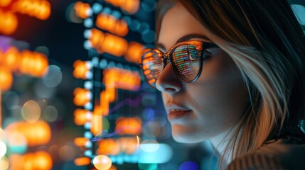 Leinwandbilder - The coding or IT person in glasses is reading html scripts, programming, cyber security research, plus data analytics and holograms of data.