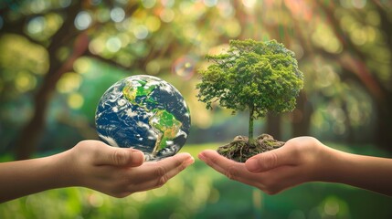 Poster - World Environment Day concept image: Two human hands holding a globe of the earth and a heart-shaped tree against a blurry green background.