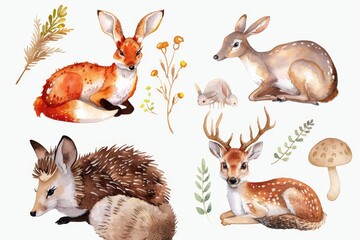 Canvas Print - A safari animal set featuring rabbits, raccoons, foxes, hedgehogs, and deer in the forest. Isolated. Stock photo.