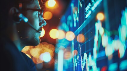 Poster - A financial analyst analyzing market trends and economic indicators on a large digital display