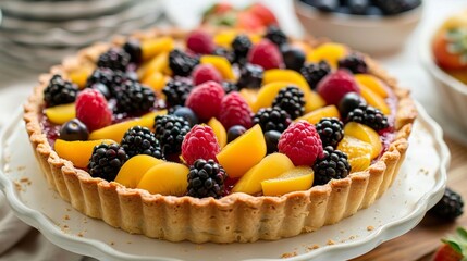 Wall Mural - The perfect balance of sweet and tart this foraged fruit tart is a delightful dessert showcasing the beauty and taste of handpicked wild fruits.