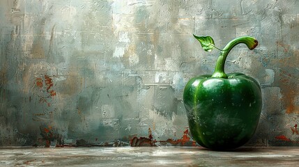 Wall Mural -   A large green bell pepper rests atop a wooden floor, facing a grungy metal wall