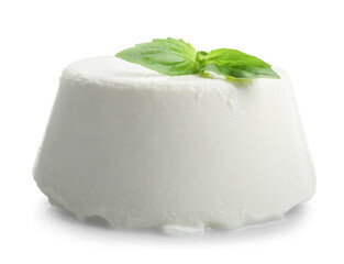 Wall Mural - Fresh ricotta (cream cheese) and basil isolated on white