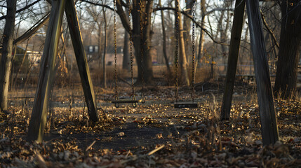 A pair of old wooden swings in a park