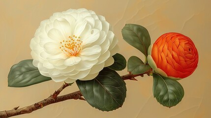 Wall Mural -   A white and orange flower rests atop a leaf-covered tree branch beside a barren twig
