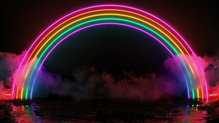 Wall Mural - A neon border frame with a rainbow of neon lights set against a coal black background. The halogen light amplifies the vibrant hues of the neon.