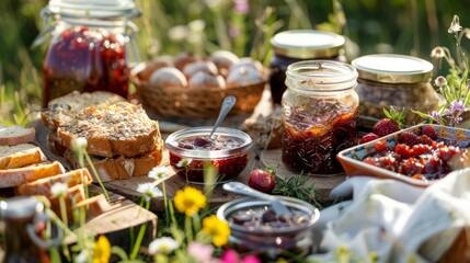 Sticker - A picnic set up in a field featuring a spread of homemade jams chutneys and bread made from gathered ingredients.