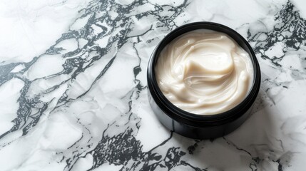 Hair mask jar on marble surface, restore shine, treatment for hair lacking weight and shine