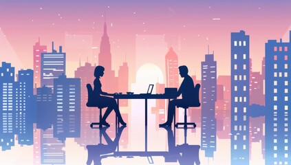 Two business people having an interview in the office, with a cityscape background and documents on the table Generative AI