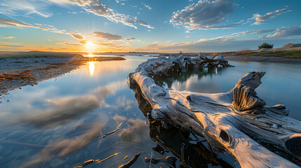 Wall Mural - A large log is floating in the water, with the sun setting in the background