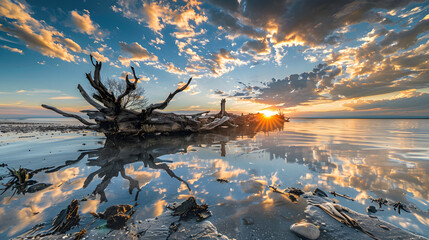 Wall Mural - A large log is floating in the water, with the sun setting in the background