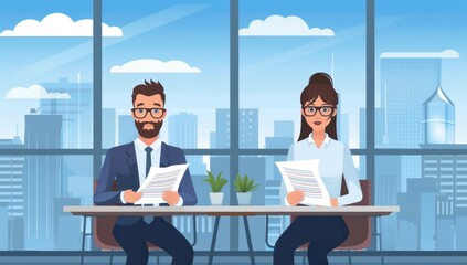 two professional people sitting at the table in an office, with cityscape background and clouds on sky, reading documents together while smiling Generative AI