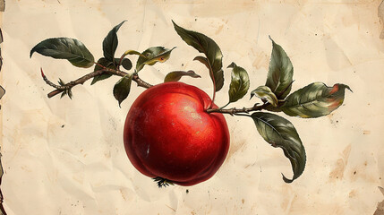 Wall Mural -   A painting of a red apple on a leafy branch, with a bird perched on top