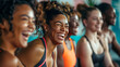 © Daniel - Fitness, laughing and friends at the gym for training, diverse pilates class for active healthy lifestyle. exercise in a group for a workout, cardio or yoga in a studio