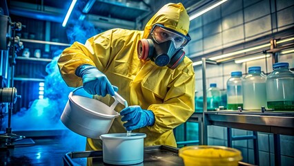 In the Underground Drug Laboratory Clandestine Chemist Wearing Protective Mask and Coverall Mixes Chemicals. He Pours Liquid From Canister into Bowl to Make New Batch of Synthetic Narcotics.