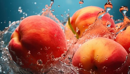 whole fresh peaches with splashes and water drops on blue background