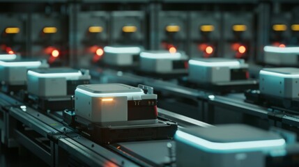 Leinwandbilder - An automated production line with packages moving along conveyor belts in a futuristic factory setting.