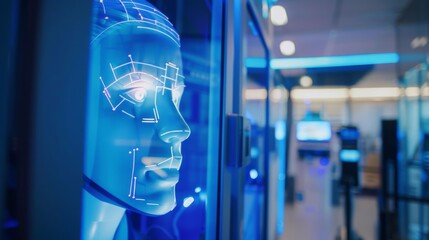Leinwandbilder - A digital face scan is being performed at a modern security checkpoint. The image shows a close-up of a persons face as it is being scanned by a system using blue light.