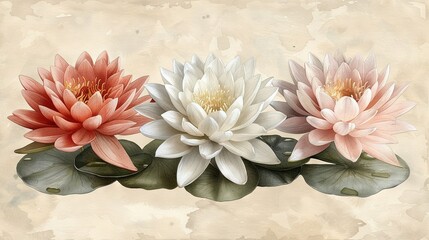 Wall Mural -   Three pink and white flowers rest atop a green water lily branch in the water