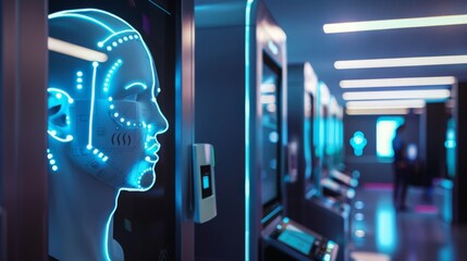 Poster - A futuristic, glowing blue face is displayed on a kiosk in a corridor with multiple other kiosks. The corridor has blue lighting and a blurred figure walking in the background.