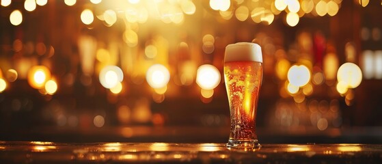 Wall Mural -  A tight shot of a glass filled with beer on a table, surrounded by a softly blurred backdrop of twinkling lights