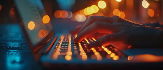 Canvas Print -  A person types on a laptop keyboard in a dimly lit room, background illuminated by soft, glowing bulbs