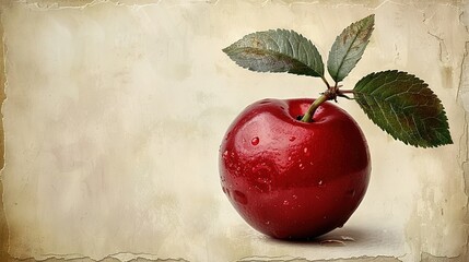 Wall Mural -   Red apple painting with leaf and water droplets