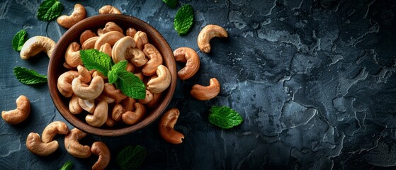 Wall Mural -  A black surface holds a wooden bowl brimming with cashews Mint leaves rest atop the nuts