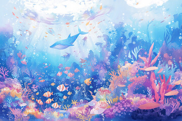 Sticker - A colorful underwater scene with a whale swimming through it