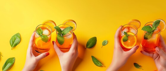 Wall Mural -  A collection of individuals holding glasses brimming with orange juice and green garnishes against a sunny yellow backdrop