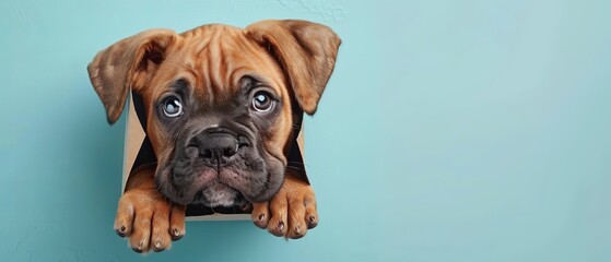 Wall Mural -  A brown and black dog peeks out of a paper bag against a blue wall, its eyes wide and expressive