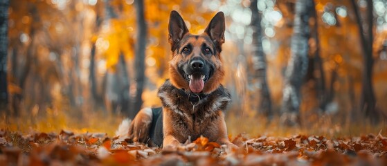 Wall Mural -  A German Shepherd reclines in a wooded area, surrounded by fallen leaves Its tongue hangs out, and its gaze is directed towards the camera