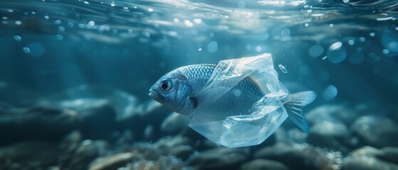 Wall Mural -  A fish holding a plastic bag in its mouth, surfacing above the water
