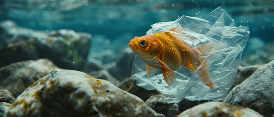 Wall Mural -  A goldfish in a clear plastic bag hovering above rocks in an aquarium, surrounded by water and additional submerged rocks in the background