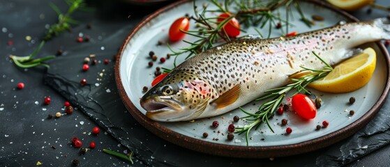  A fish atop a pristine white plate, accompanied by a slice of lemon and a red pepper
