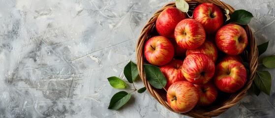 Wall Mural -  A marble countertop holds a basket brimming with red apples, alongside a verdant, leafy plant