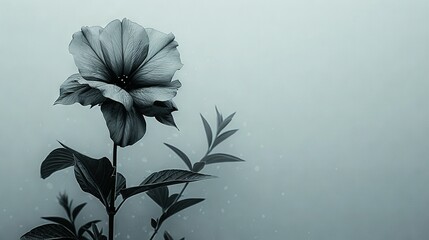 Wall Mural -   Black & white photo of a flower on a branch with water droplets falling on the petals and foggy day