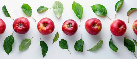 Wall Mural -  A collection of red apples with green leaves against a white backdrop, surrounded by green foliage on their sides