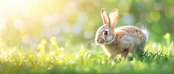 Canvas Print -  A rabbit stands in the foreground, gazing at the camera; behind it, the grassy scene softly blurs into a backdrop of grasses and trees