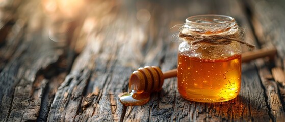 Wall Mural -  A jar of honey sits atop a wooden table Nearby, a wooden spoon and a honey dipper rest in readiness