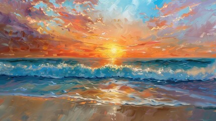 A vibrant sunrise over a tranquil beach, warm colors painting the sky as the sun rises above the horizon, waves gently lapping at the shore.