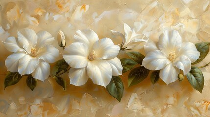 Wall Mural -   A painting depicts three white flowers with green foliage on a yellow canvas, featuring white flower petals and green leaves on top