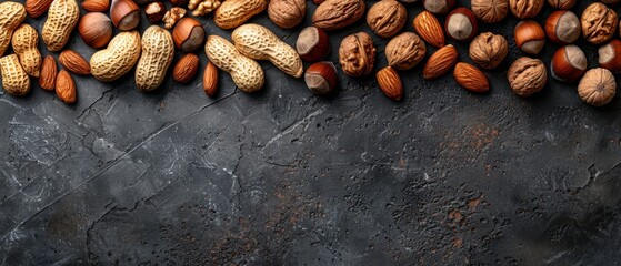 Wall Mural -  A collection of nuts arranged on a black countertop beside one another atop a stone slab