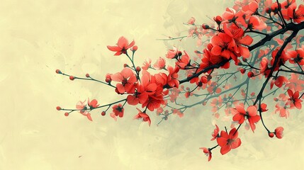 Wall Mural -   A tree with red flowers in the foreground and a yellow sky in the background